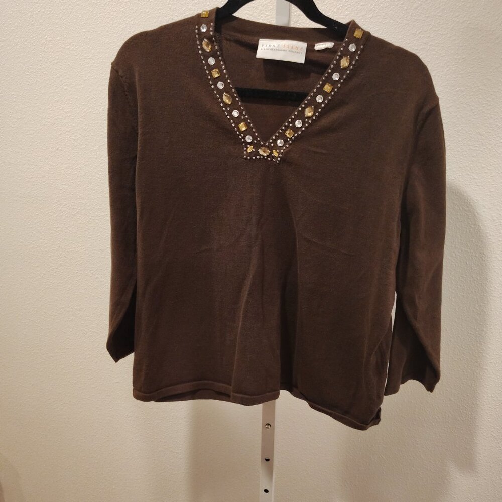 First Issue Women's V-Neck 3/4 Sleeve Top Embellished with Jewels Brown - Picture 5 of 10